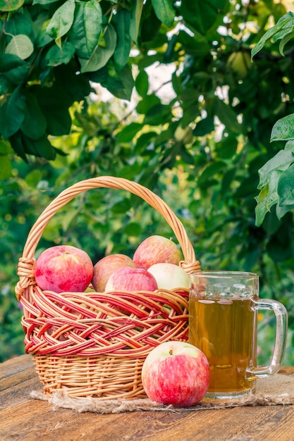 Just picked apples in a wicker basket and apple cider in glass goblet on wooden boards with leaves of apple tree on the background. Just harvested fruits. Organic drinks