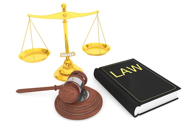 Justice gold scale, Law Book and wooden gavel on a white background