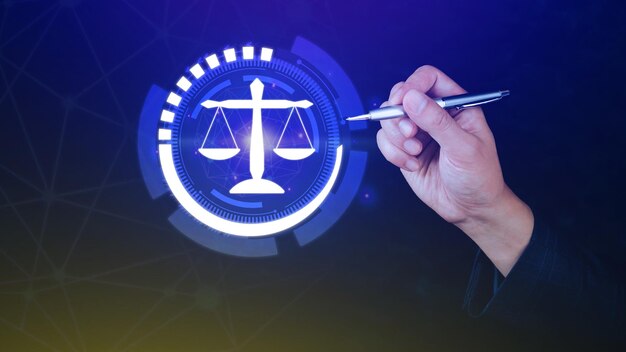 Justice and law concept Legal advice businessman touching scales digital hologram Labor Law sign Labor Law Lawyer legal business