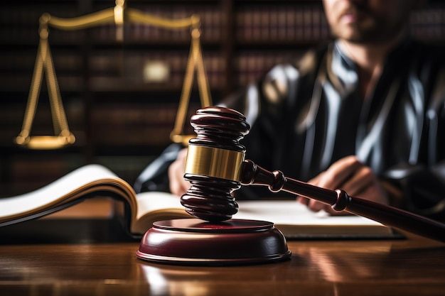 Justice and law concept male judge in a courtroom striking the gavel