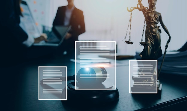 Justice and law conceptMale judge in a courtroom with the gavel working with computer and docking keyboard eyeglasses on table in morning light