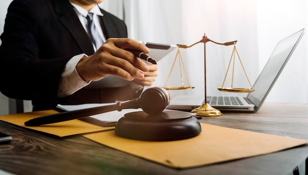 Justice and law conceptMale judge in a courtroom with the gavel working with computer and docking keyboard eyeglasses on table in morning light