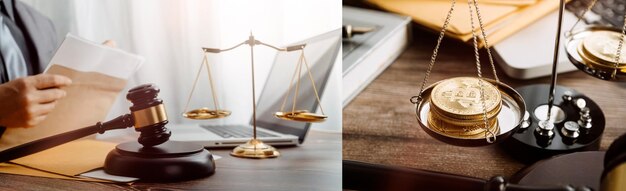 Justice and law conceptMale judge in a courtroom with the gavel working with computer and docking keyboard eyeglasses on table in morning light