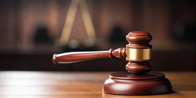 Справедливость и закон Деревянный молоток вердикта в зале суда Символ юридической власти и наказания