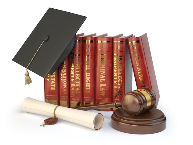 Justice learning different fields of law concept Books graduation hat judge gavel and diploma isolated on white