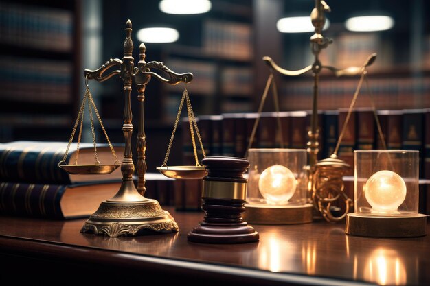 木製のテーブルの上に書かれた司法と法律の本 法律サービス アドバイス 司法の概念 生成的な人工知能