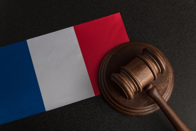 Justice mallet and France flag. Constitutional law. French legislation.