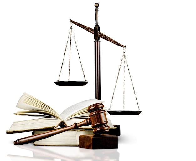 Justice Scales and books and wooden gavel