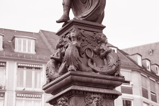 Justitiabrunnen Fountain Frankfurt Germany in Black and White Sepia Tone