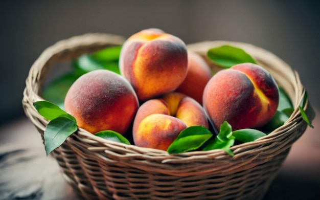 Photo a jute basket with beautiful juicy peaches on a table
