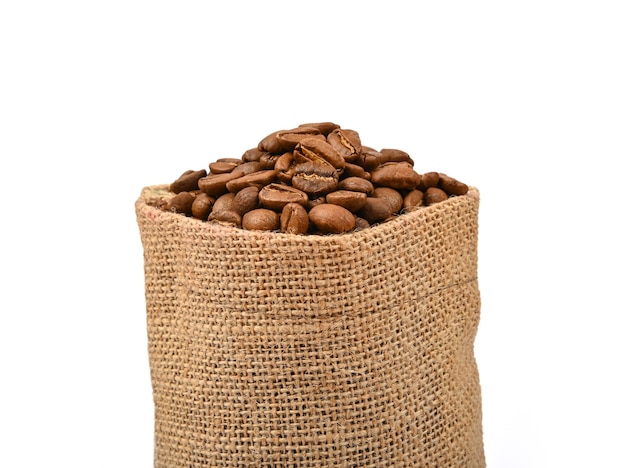 Jute canvas bag of roasted coffee beans isolated 