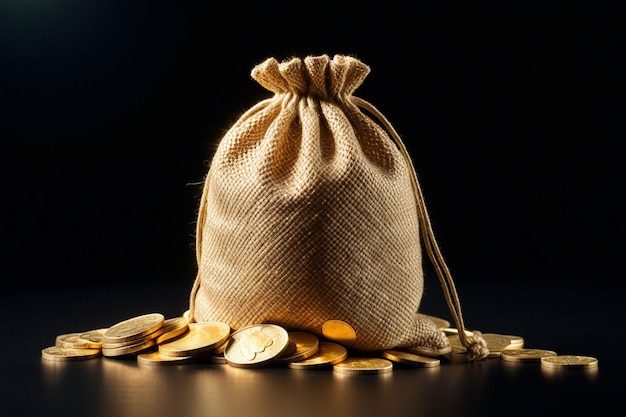 A jute drawstring bag with many golden coins on a dark background horizontal composition