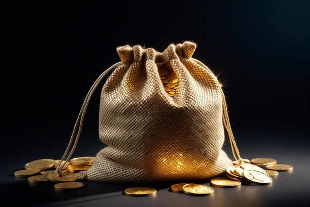 A jute drawstring bag with many golden coins on a dark background horizontal composition