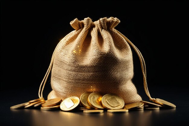 A jute drawstring bag with many golden coins on a dark background horizontal composition