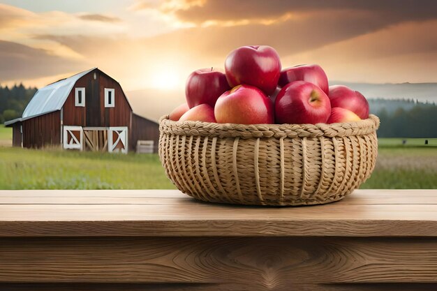 Jutenmand met rode appels op een tafel en op de achtergrond een boerderij