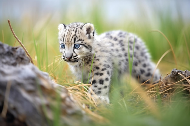 Juvenile snow leopard exploring new terrain