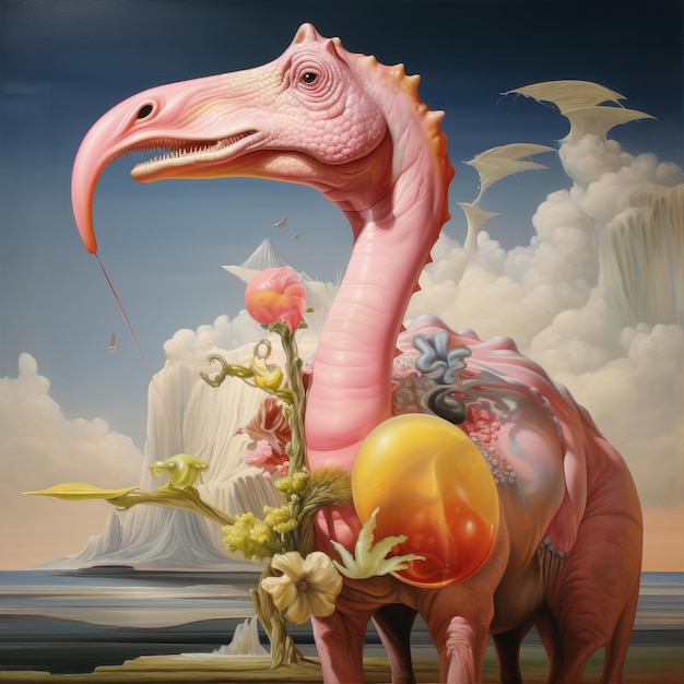 Juxtaposing Realms A Surreal Encounter with Dinosaurs and Baroque Animals in Vibrant Seascapes