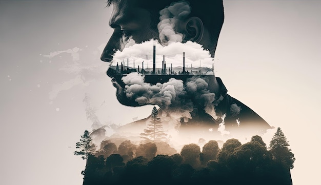 The juxtaposition of urban and natural landscapes in double exposure photography highlights the importance of clean air Generated by AI