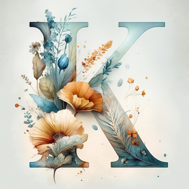 k letter flower watercolor style Generative AI