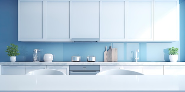 Photo k modern kitchen white and blue backdrop