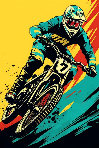 K1 Bmx Racing Action and Thrills Bold Color Scheme met Contras Flat 2D Sport Art Poster