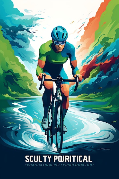 K1 Triathlon Race Multisport Challenge Blauwe en Groene Kleur Pal Flat 2D Sport Art Poster