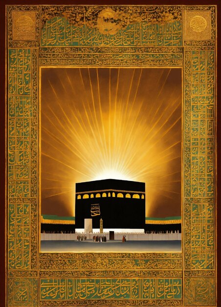 Foto kaaba mecca luce celeste che splende su di esso dal cielo stile di pittura islamica medievale