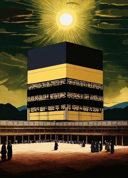 kaaba mecca heavenly light shinning on it from the heavens old japanese painting style