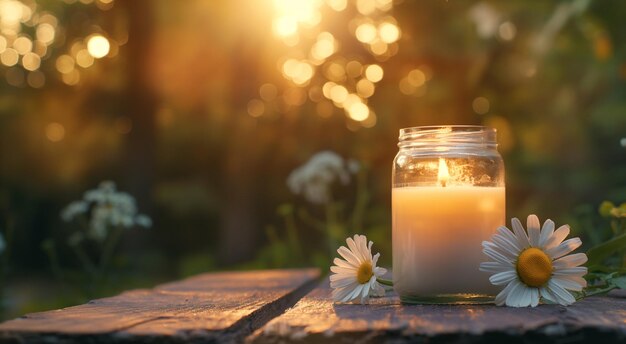 Kaars in pot met madeliefjes op houten oppervlak bij zonsondergang