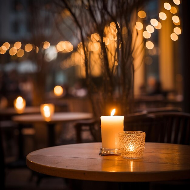 Kaars op tafel van een restaurant in de buitenlucht