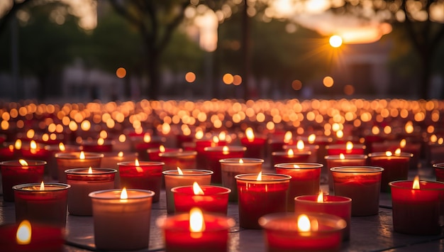 Kaarsen branden tijdens een religieuze ceremonie in het park bij zonsondergang