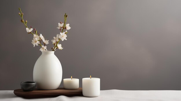 Kaarsen en een vaas met bloemen op een tafel.