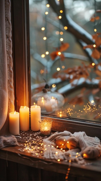 kaarsen en gloeiende lichten bij het raam