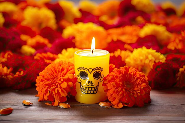 Foto kaarsen en goudsbloembloemen dag van het dode concept dia de los muertos