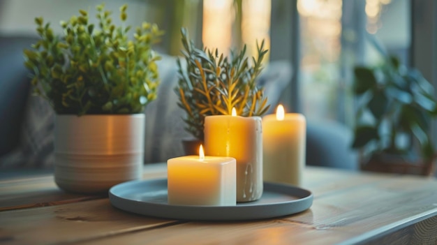 Kaarsen en potplanten in de hele kamer voegen een vleugje hygge toe en creëren een warme en uitnodigende sfeer