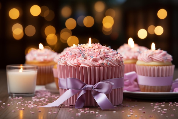 Kaarsen gloeien op cupcake roze lint verpakt cadeau een vreugdevolle verjaardagsscène