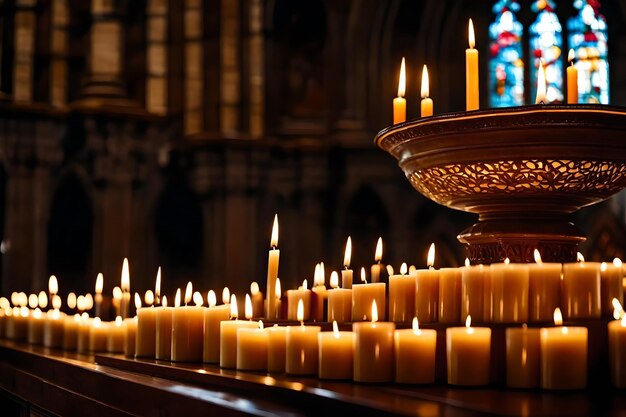 Kaarsen in een kerk met een glas-in-loodraam op de achtergrond