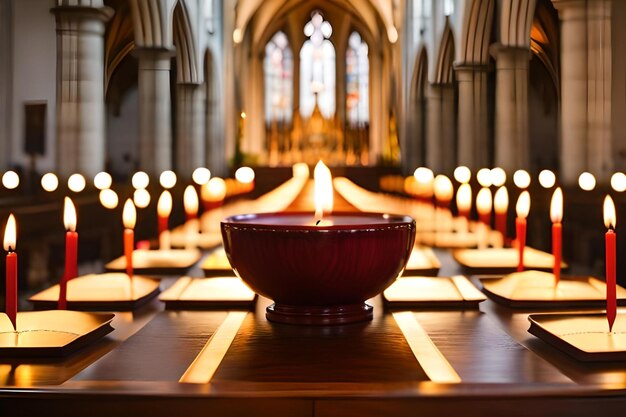 Kaarsen in een kerk met een kaars op tafel