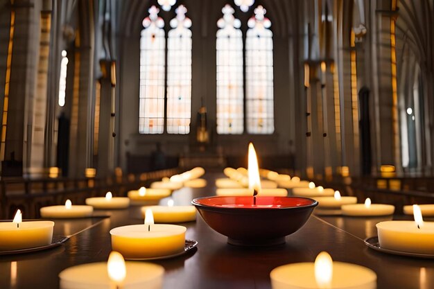 Kaarsen in een kerk met een rode schaal op tafel.