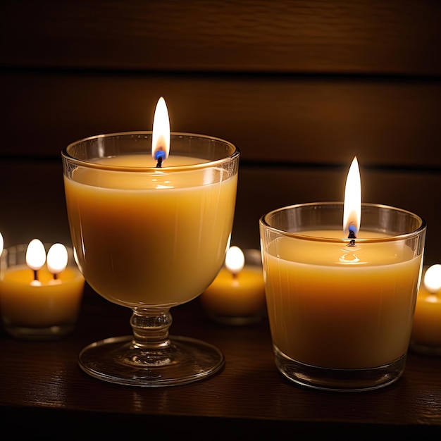 Foto kaarsen met prachtig decor in glas op houten oppervlak brandende kaars in glas op houten tafel