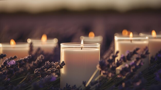 Kaarsen op een rij met lavendel op de bodem