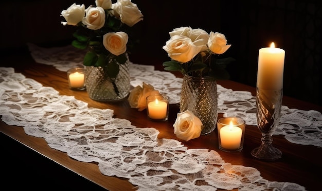 Kaarsen op een tafel met een kanten tafelkleed.