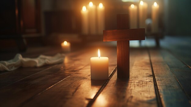 kaarsen worden aangestoken in een kerk met een kruis op de vloer generatieve ai