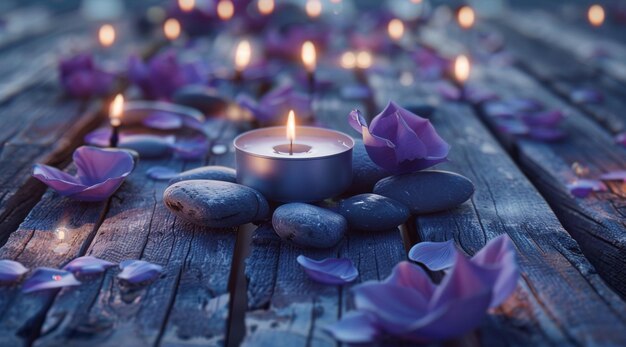 Foto kaarsen worden aangestoken op een houten tafel met bloembladeren en bloemblaadjes eromheen generatieve ai