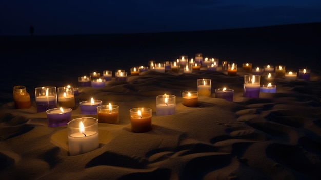 Kaarsjes op het strand 's nachts