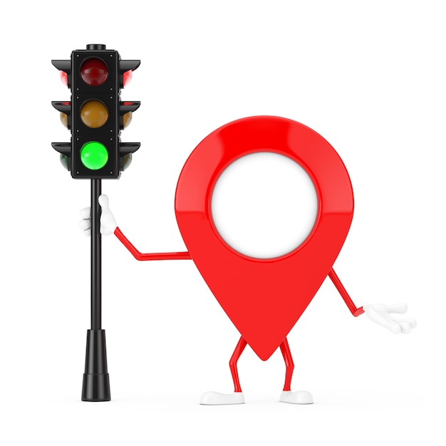 Kaart aanwijzer Pin karakter mascotte met groen verkeerslicht op een witte achtergrond. 3D-rendering