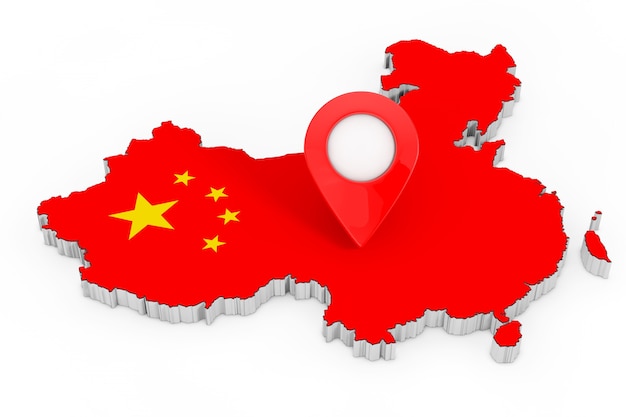 Foto kaart aanwijzer pin over china kaart met vlag op een witte achtergrond. 3d-rendering
