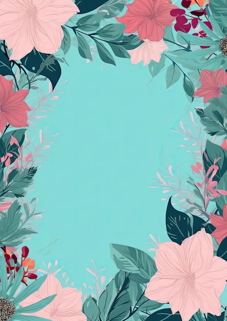 Kaart grens levendige blauwe achtergrond met roze bloemen en groene bladeren