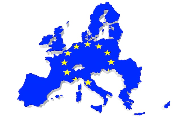 Kaart van de europese unie en de eu-vlag op een witte achtergrond