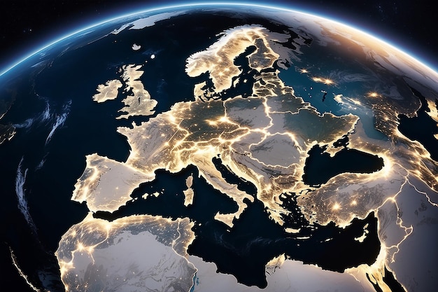Kaart van Europa in wereldwijde satellietfoto's beeld van stadsverlichting's nachts Aarde vanuit de ruimte